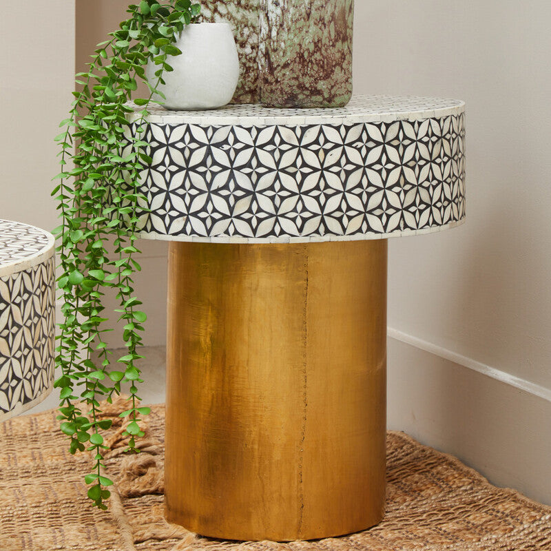 Black Wood Round Side Table With White Bone Inlay Floral Design & Gold Metal Base, Fusion