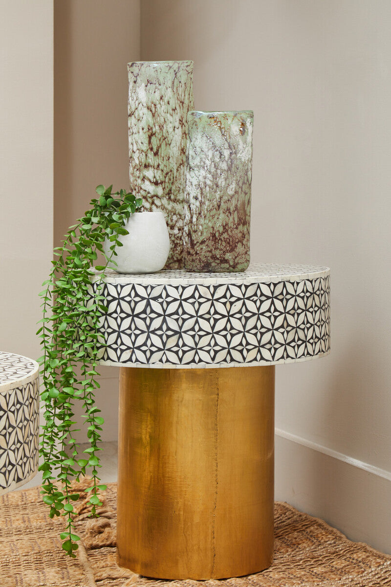 Black Wood Round Side Table With White Bone Inlay Floral Design & Gold Metal Base, Fusion