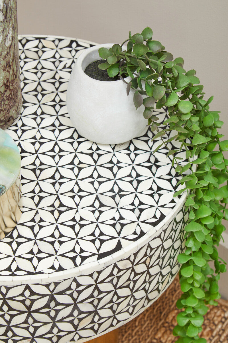 Black Wood Round Side Table With White Bone Inlay Floral Design & Gold Metal Base, Fusion