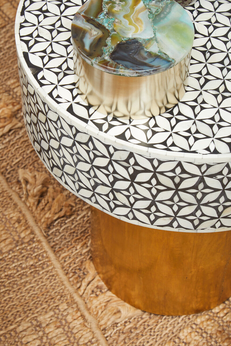 Black Wood Round Side Table With White Bone Inlay Floral Design & Gold Metal Base, Fusion