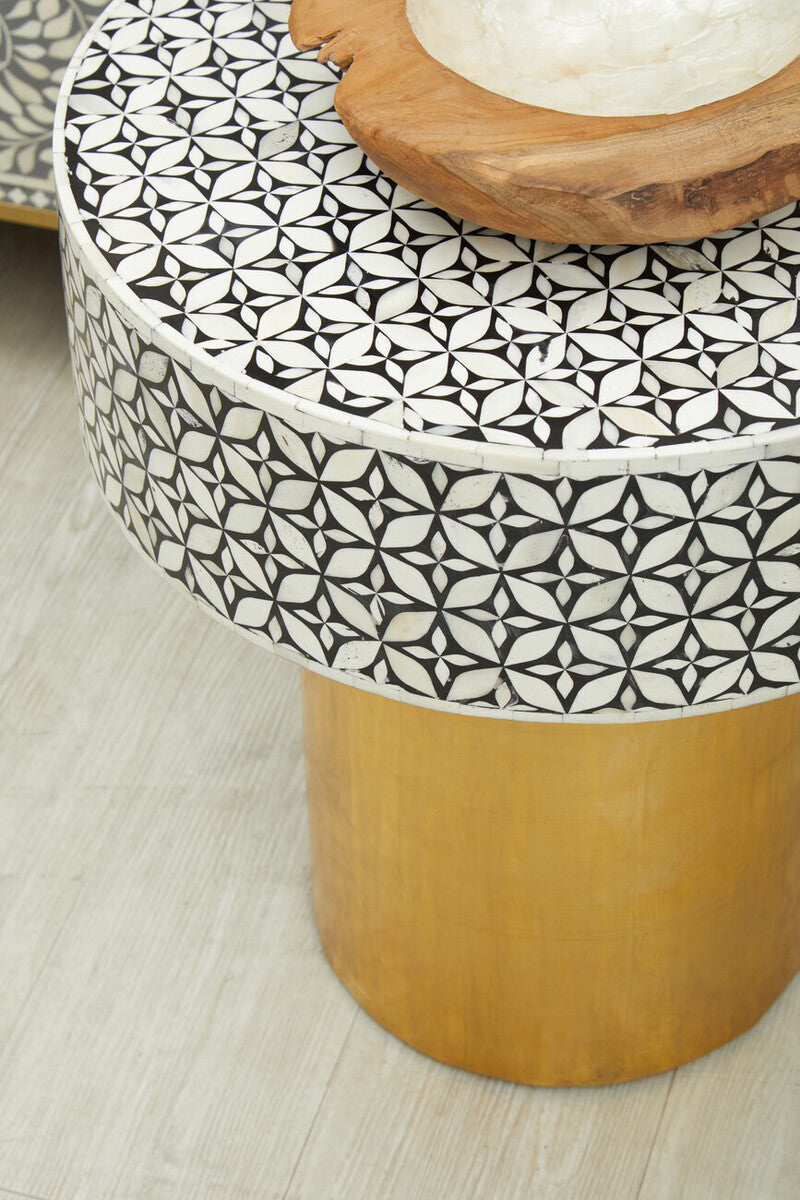 Black Wood Round Side Table With White Bone Inlay Floral Design & Gold Metal Base, Fusion