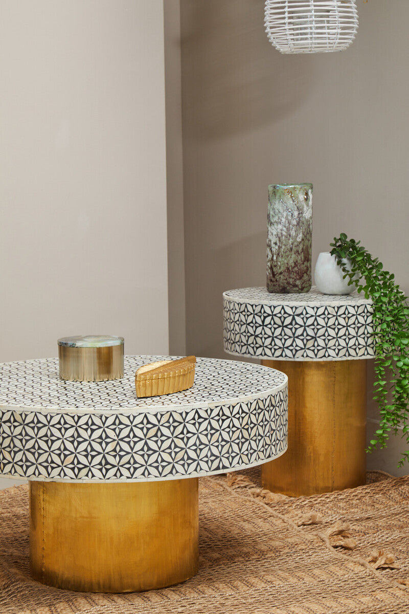 Black Wood Round Side Table With White Bone Inlay Floral Design & Gold Metal Base, Fusion