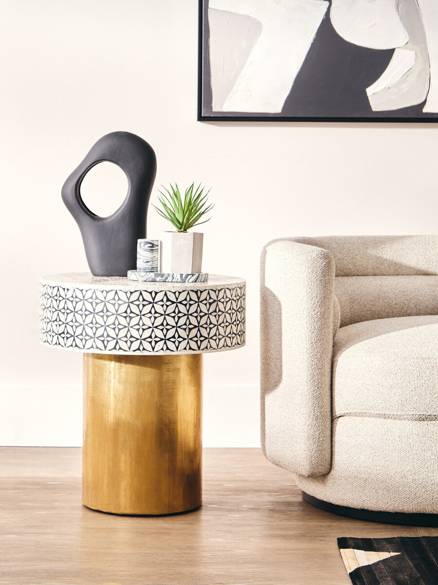 Black Wood Round Side Table With White Bone Inlay Floral Design & Gold Metal Base, Fusion