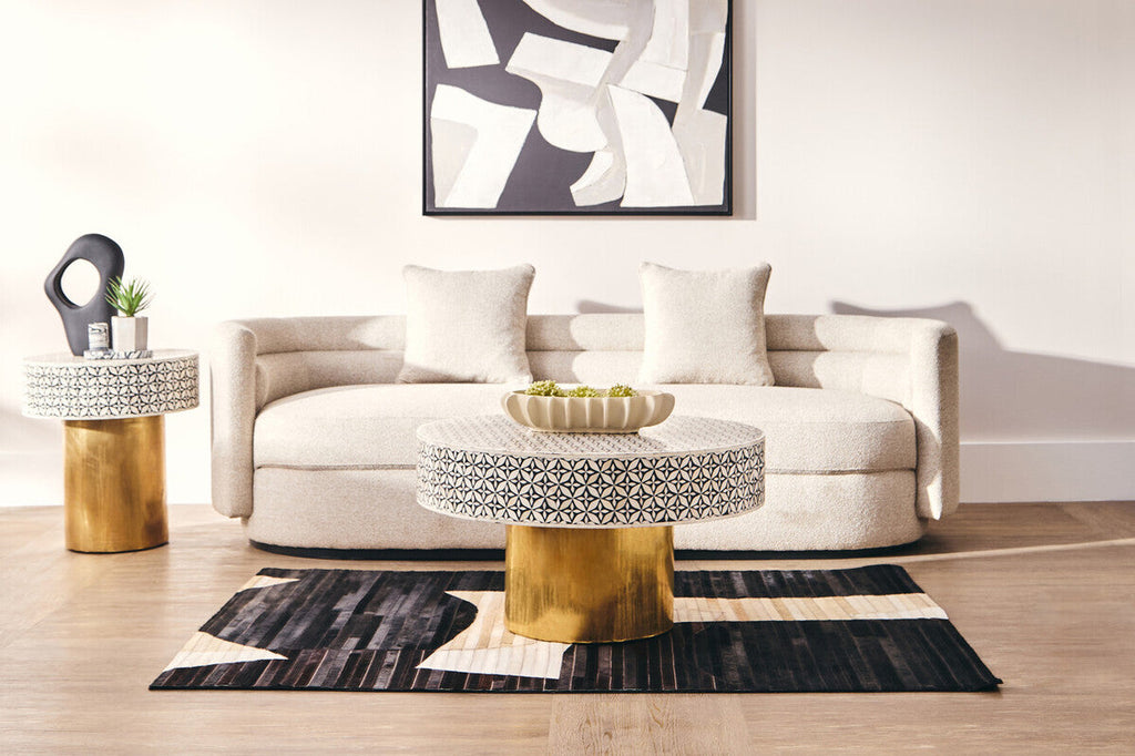 Black Wood Round Side Table With White Bone Inlay Floral Design & Gold Metal Base, Fusion