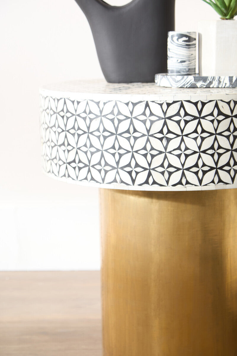 Black Wood Round Side Table With White Bone Inlay Floral Design & Gold Metal Base, Fusion
