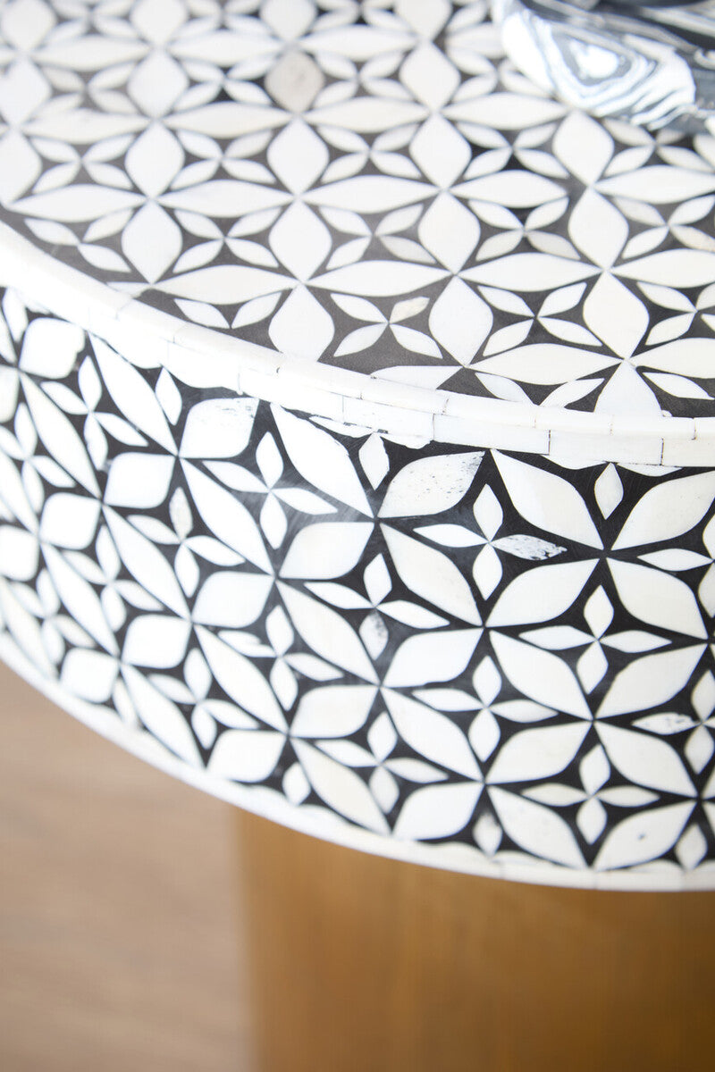 Black Wood Round Side Table With White Bone Inlay Floral Design & Gold Metal Base, Fusion