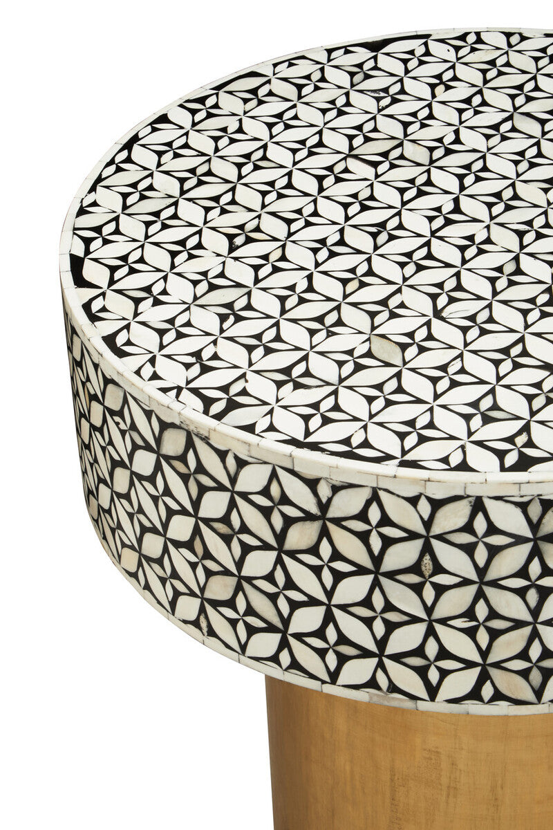 Black Wood Round Side Table With White Bone Inlay Floral Design & Gold Metal Base, Fusion