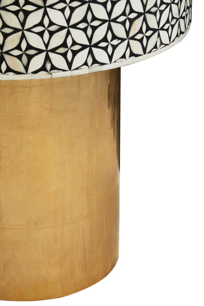 Black Wood Round Side Table With White Bone Inlay Floral Design & Gold Metal Base, Fusion