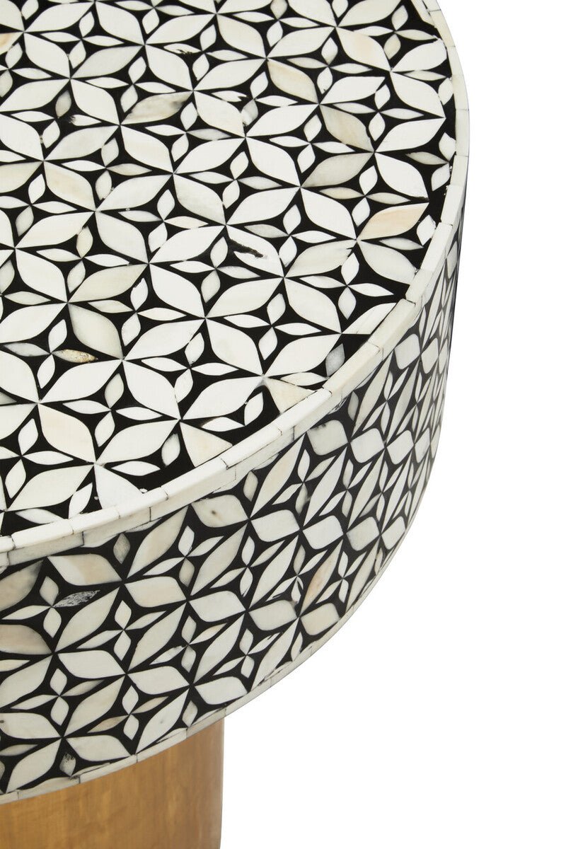 Black Wood Round Side Table With White Bone Inlay Floral Design & Gold Metal Base, Fusion