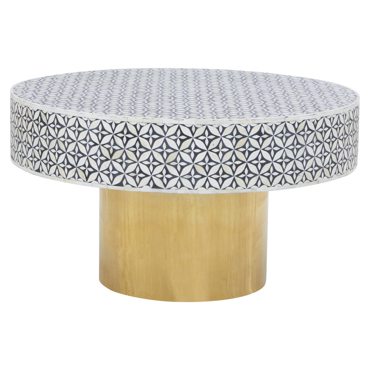 Black & White Round Geometric Bone Inlay Coffee Table With Gold Base, Fusion