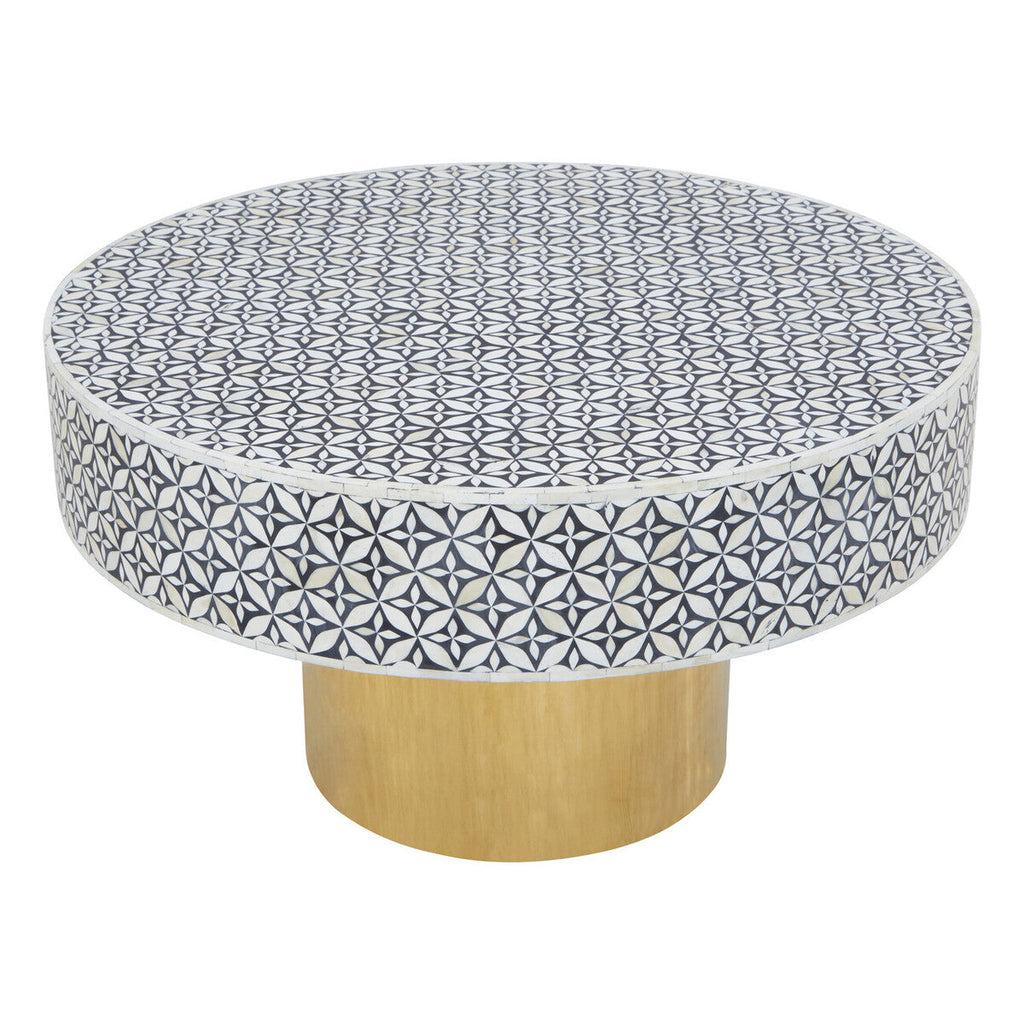 Black & White Round Geometric Bone Inlay Coffee Table With Gold Base, Fusion