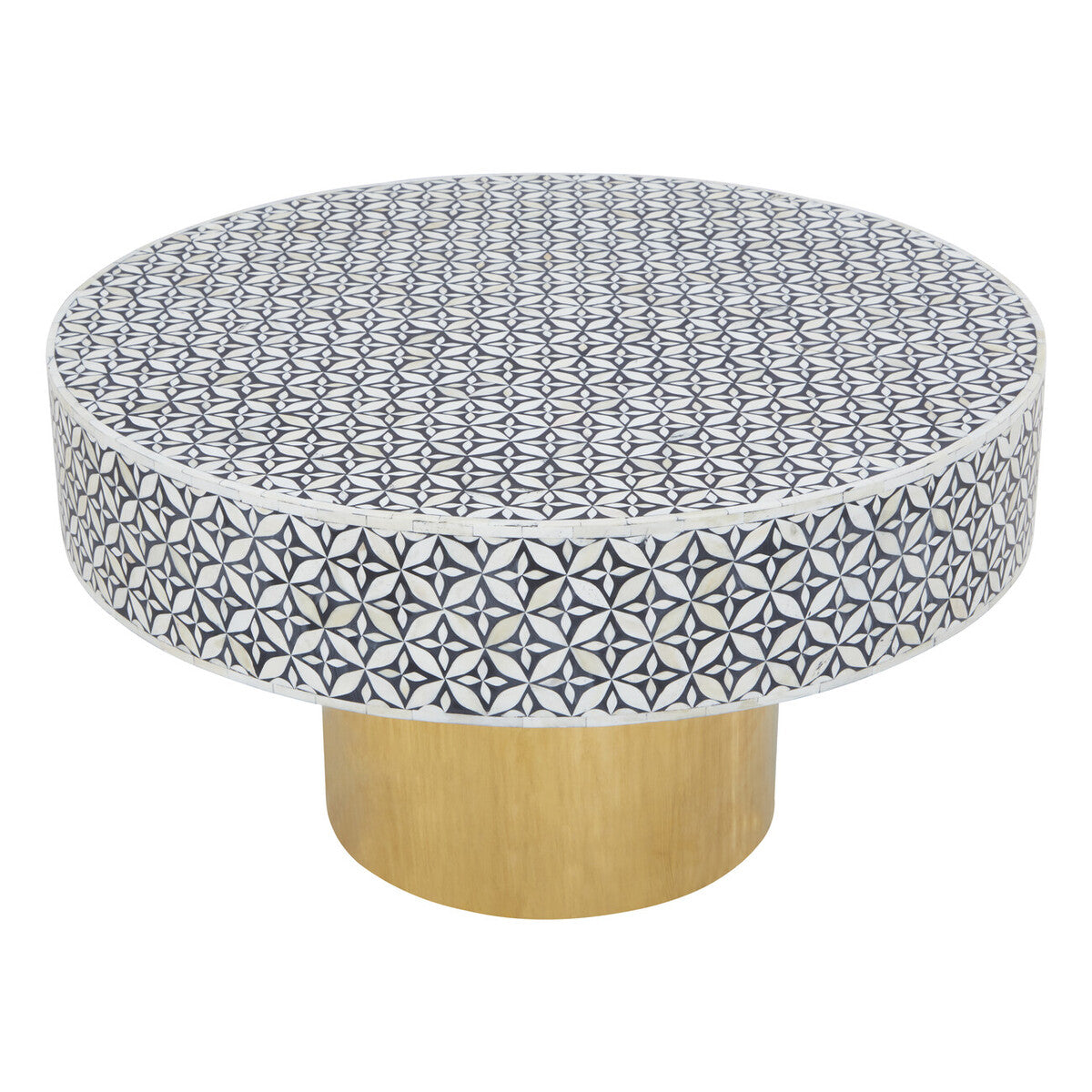 Black & White Round Geometric Bone Inlay Coffee Table With Gold Base, Fusion