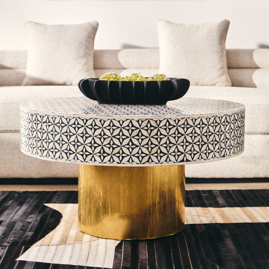 Black & White Round Geometric Bone Inlay Coffee Table With Gold Base, Fusion