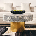 Black & White Round Geometric Bone Inlay Coffee Table With Gold Base, Fusion