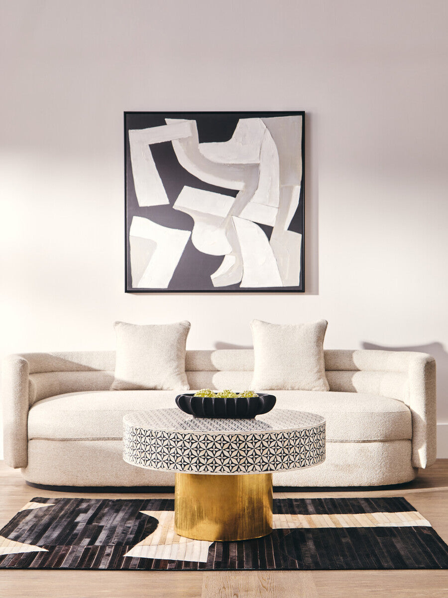 Black & White Round Geometric Bone Inlay Coffee Table With Gold Base, Fusion