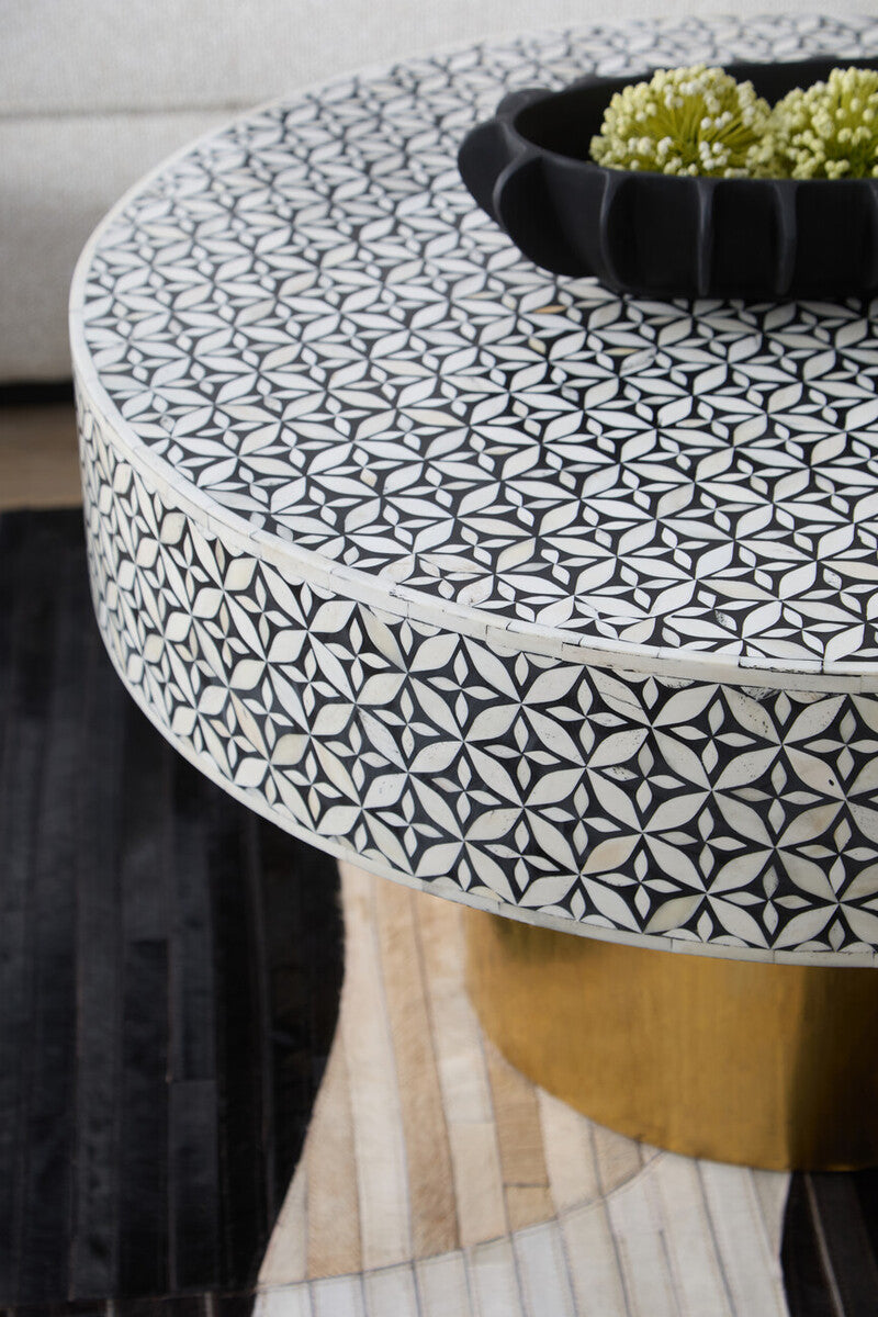 Black & White Round Geometric Bone Inlay Coffee Table With Gold Base, Fusion