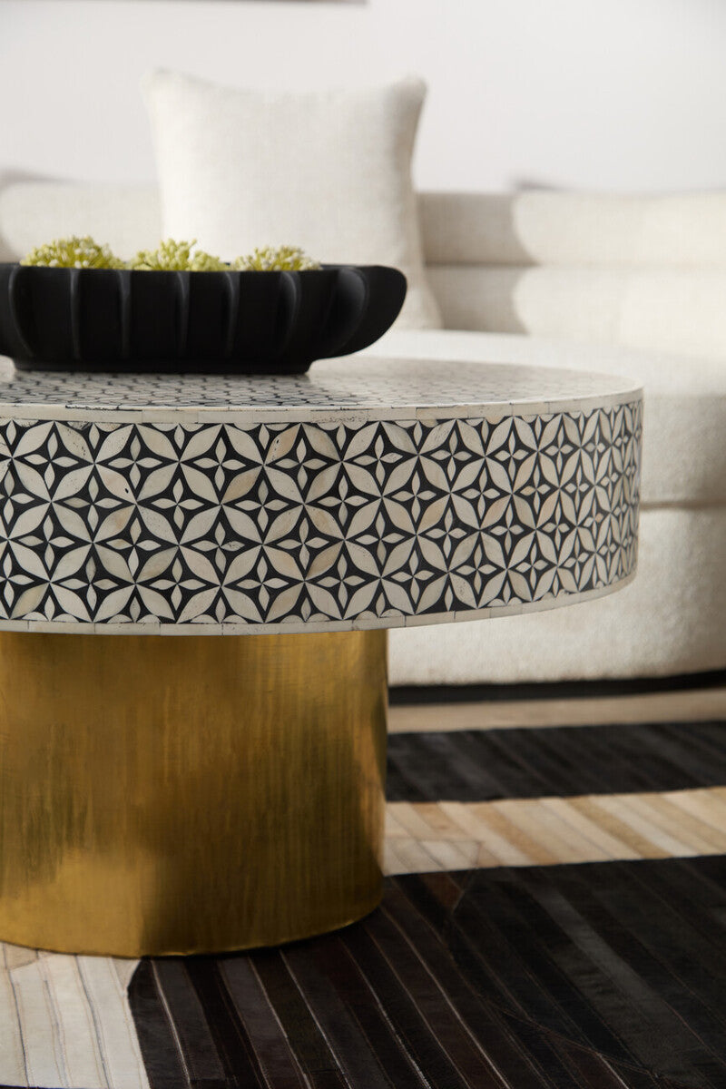 Black & White Round Geometric Bone Inlay Coffee Table With Gold Base, Fusion