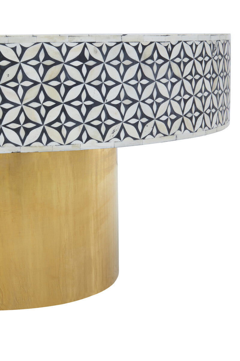 Black & White Round Geometric Bone Inlay Coffee Table With Gold Base, Fusion