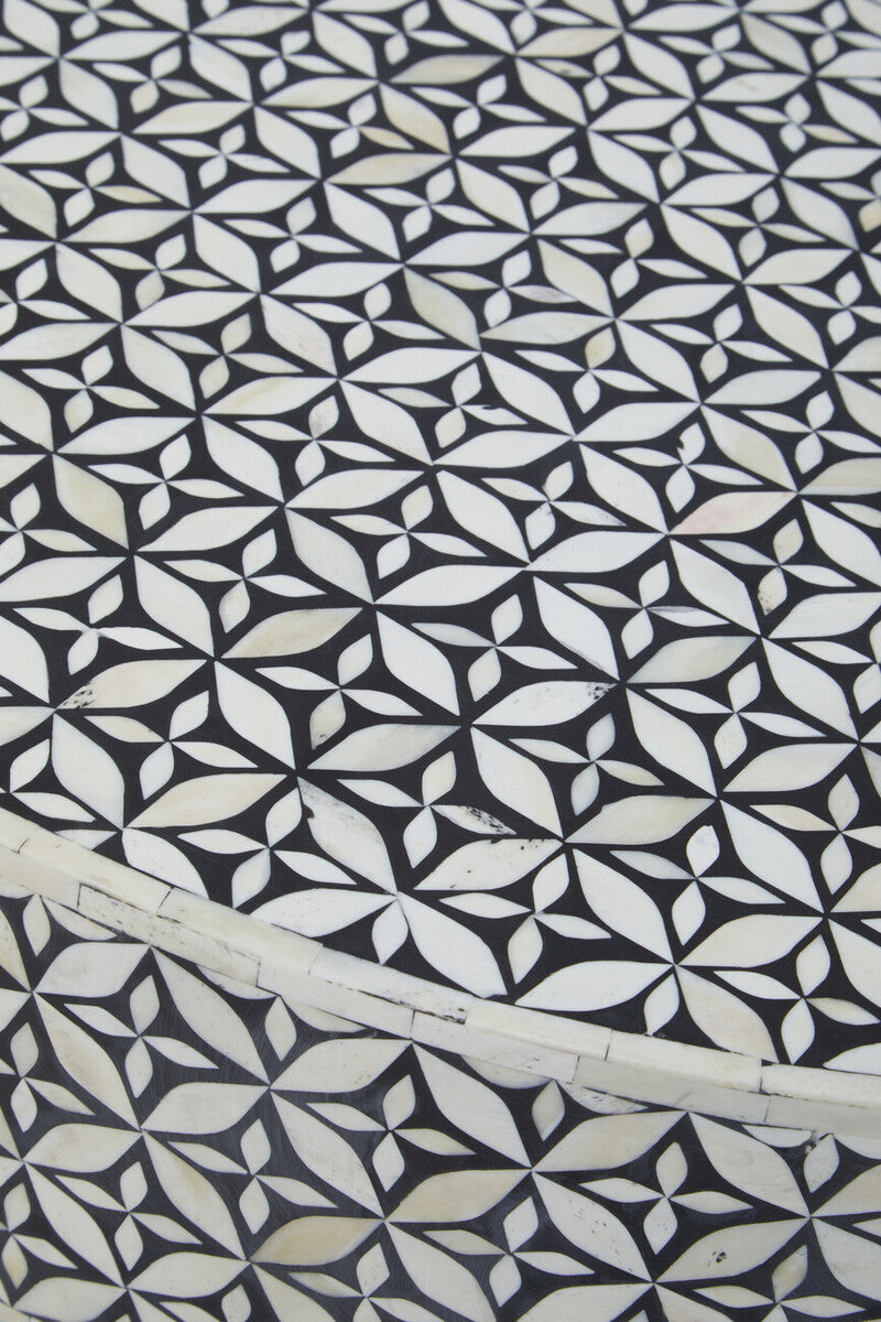 Black & White Round Geometric Bone Inlay Coffee Table With Gold Base, Fusion