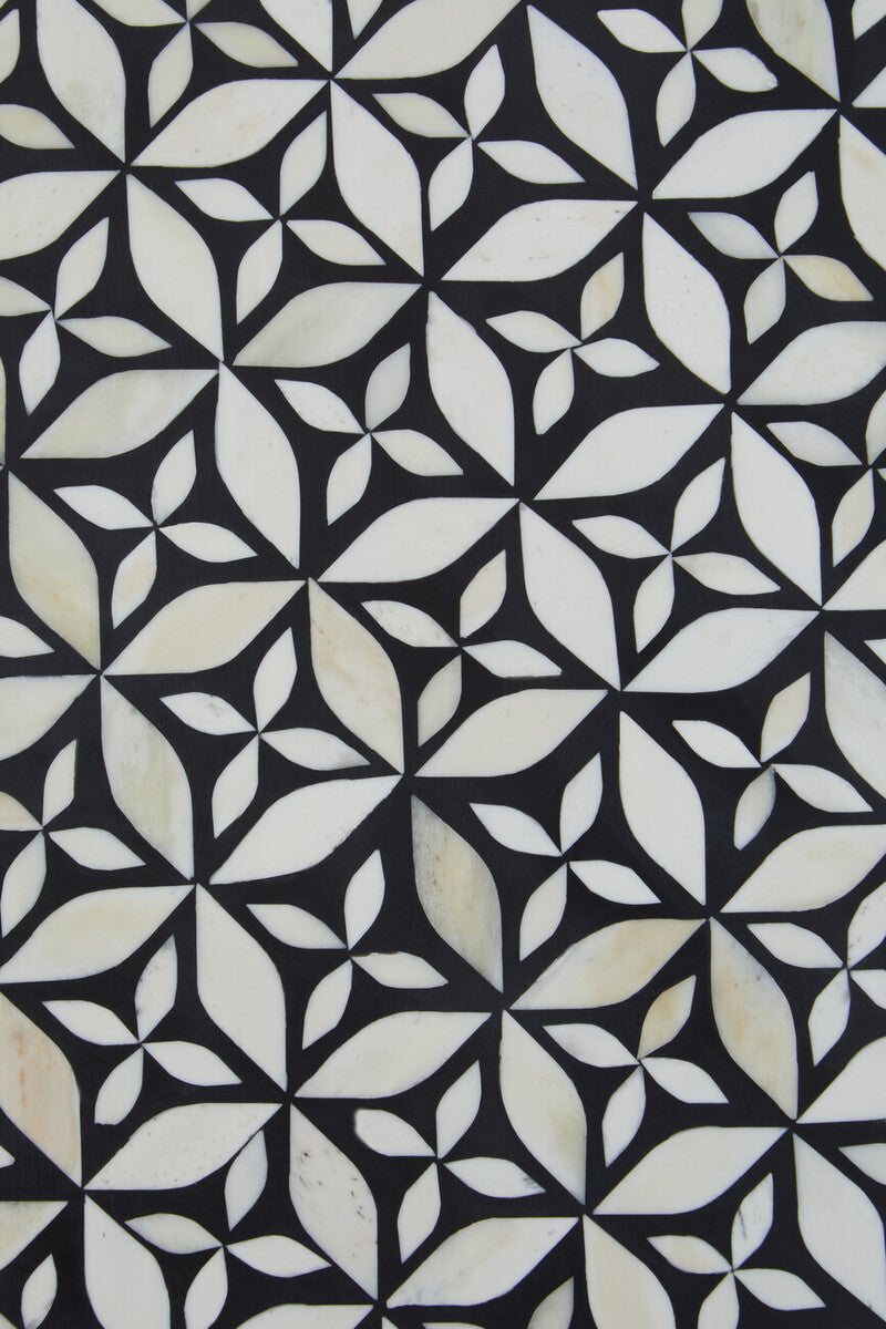 Black & White Round Geometric Bone Inlay Coffee Table With Gold Base, Fusion