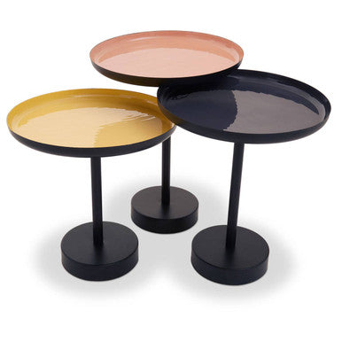 Set Of 3 Gold, Pink & Black Enamel Tray Tables With Black Iron Bases, Amira