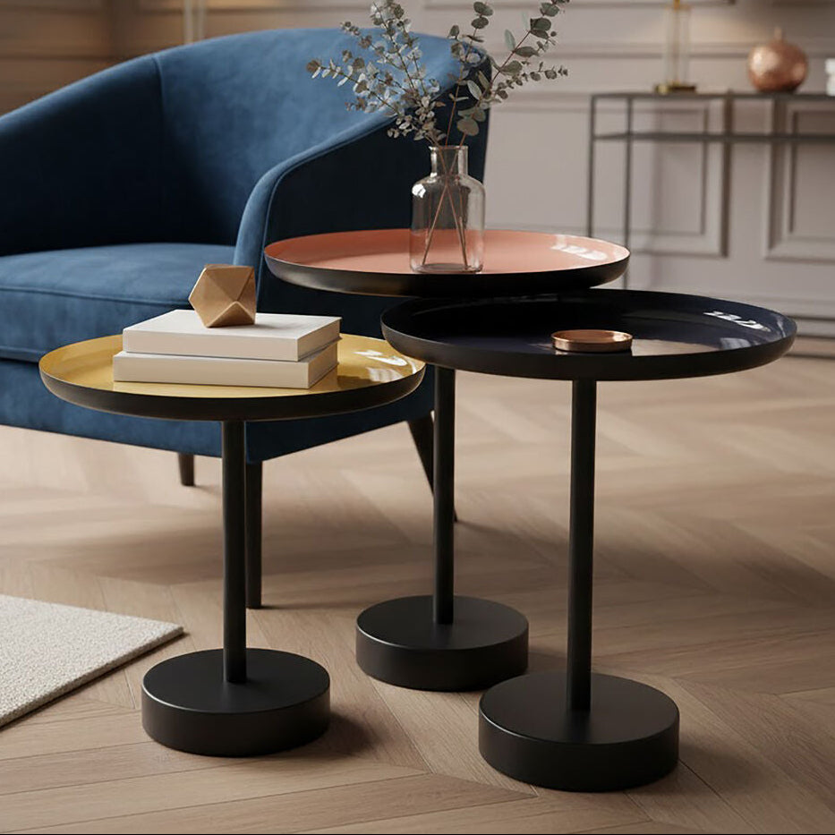 Set Of 3 Gold, Pink & Black Enamel Tray Tables With Black Iron Bases, Amira