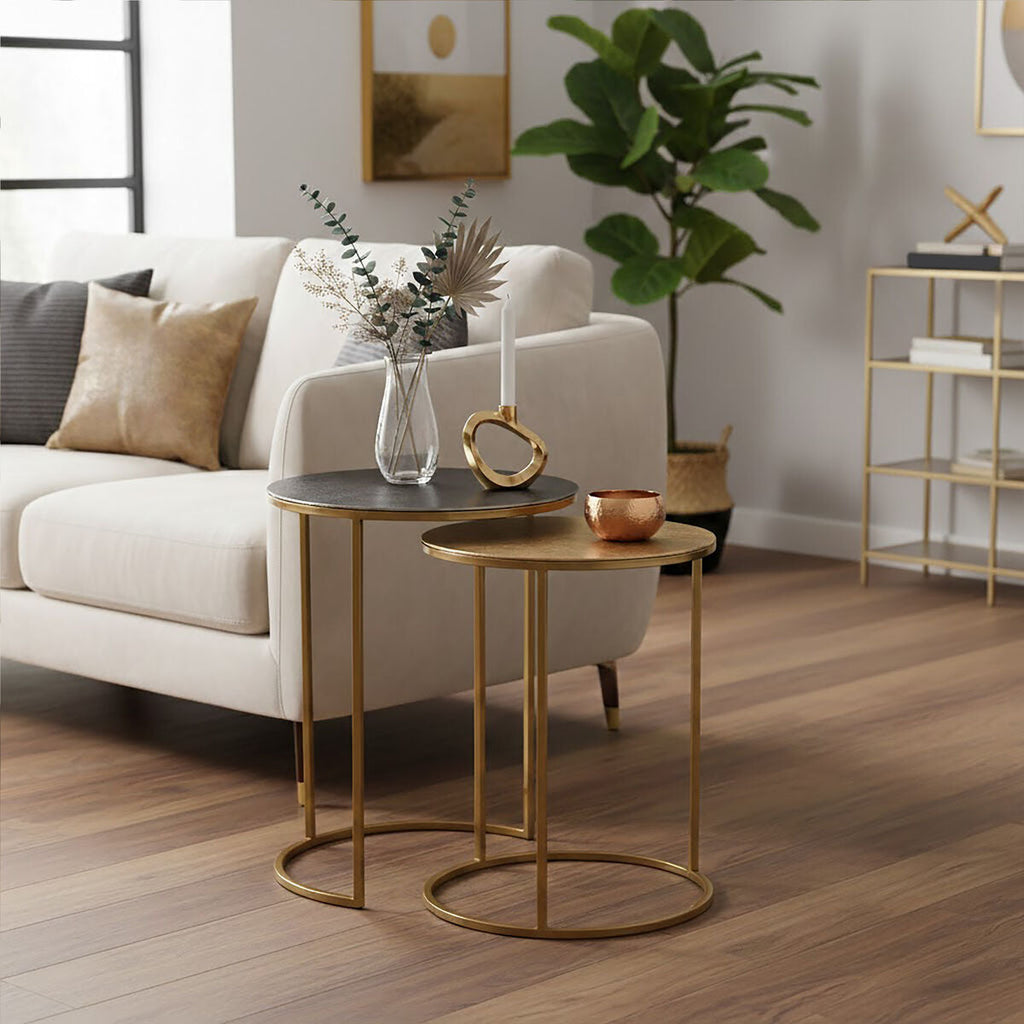Nest Of 2 Gold & Zinc Side Tables With Luxe Gold Steel Frames, Amira