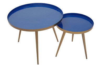 Blue Enamel Nest Of Two Side Tables With Gold Metal Frame, Amira