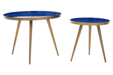 Blue Enamel Nest Of Two Side Tables With Gold Metal Frame, Amira