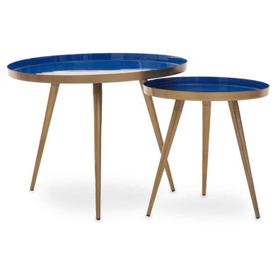 Blue Enamel Nest Of Two Side Tables With Gold Metal Frame, Amira