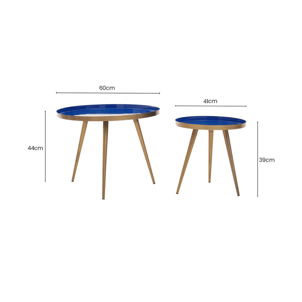 Blue Enamel Nest Of Two Side Tables With Gold Metal Frame, Amira
