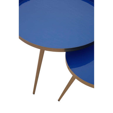 Blue Enamel Nest Of Two Side Tables With Gold Metal Frame, Amira