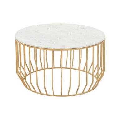 White Marble Top Coffee Table With Gold Iron Cage Base, Pali