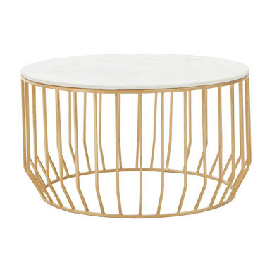 White Marble Top Coffee Table With Gold Iron Cage Base, Pali