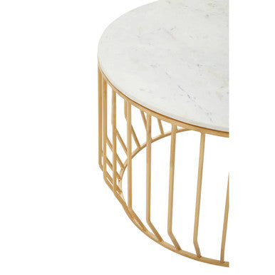 White Marble Top Coffee Table With Gold Iron Cage Base, Pali
