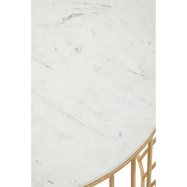White Marble Top Coffee Table With Gold Iron Cage Base, Pali