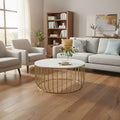 White Marble Top Coffee Table With Gold Iron Cage Base, Pali
