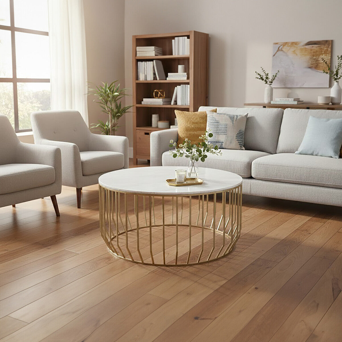 White Marble Top Coffee Table With Gold Iron Cage Base, Pali