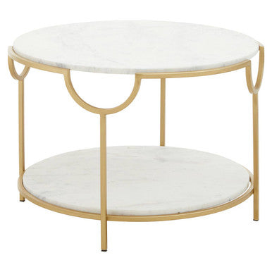 Two-Tier White Marble Top Side Table With Gold Iron Frame, Pali
