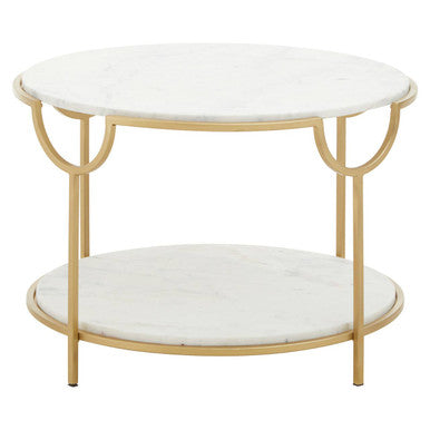 Two-Tier White Marble Top Side Table With Gold Iron Frame, Pali
