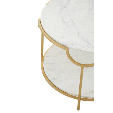 Two-Tier White Marble Top Side Table With Gold Iron Frame, Pali