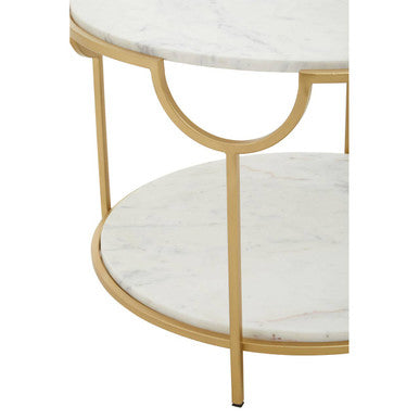 Two-Tier White Marble Top Side Table With Gold Iron Frame, Pali