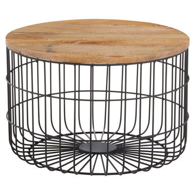 Natural Wood Top Side Table With Black Metal Cage Base, Pali