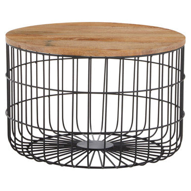 Natural Wood Top Side Table With Black Metal Cage Base, Pali