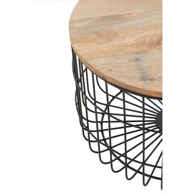Natural Wood Top Side Table With Black Metal Cage Base, Pali