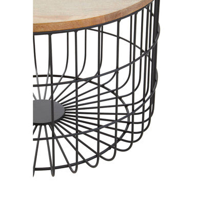 Natural Wood Top Side Table With Black Metal Cage Base, Pali