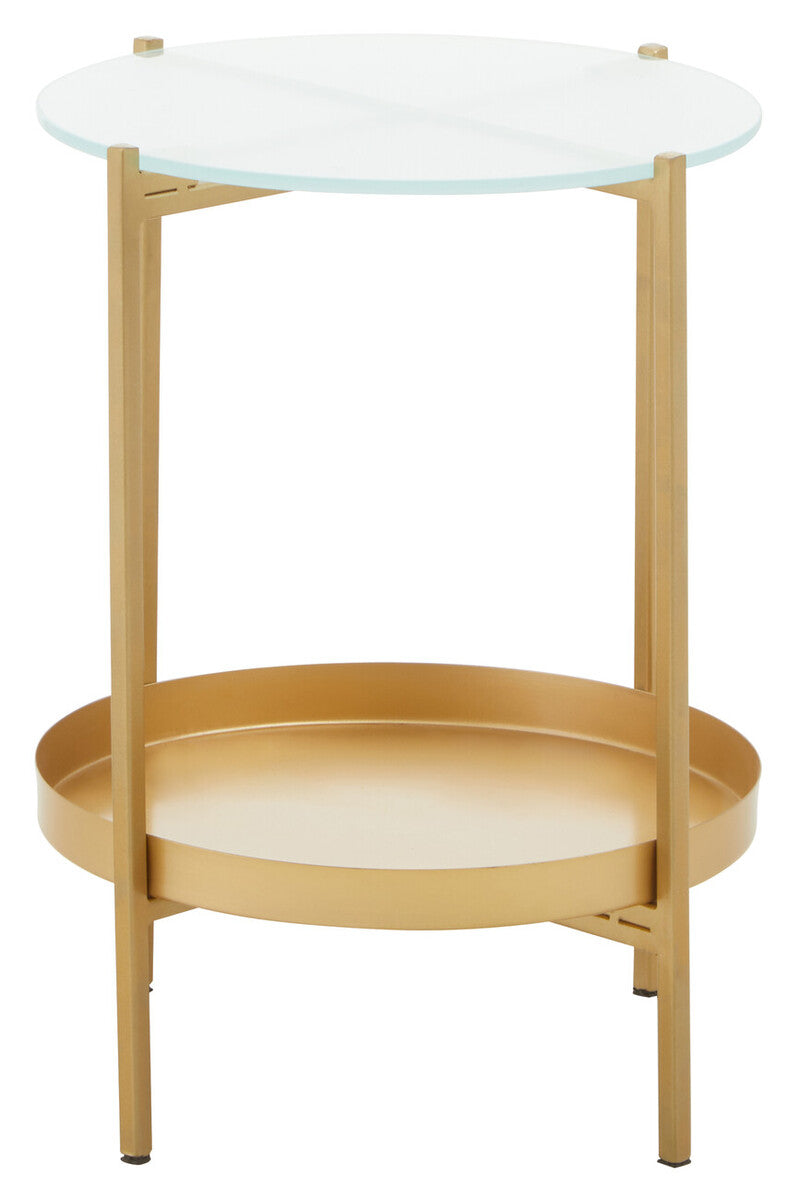 Gold Iron Two-Tier Side Table With Glass Top & Lower Shelf, Pali