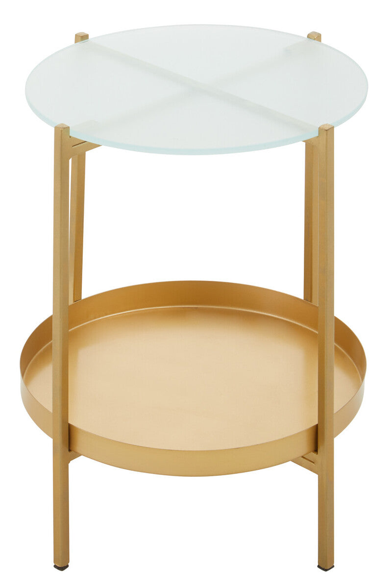 Gold Iron Two-Tier Side Table With Glass Top & Lower Shelf, Pali