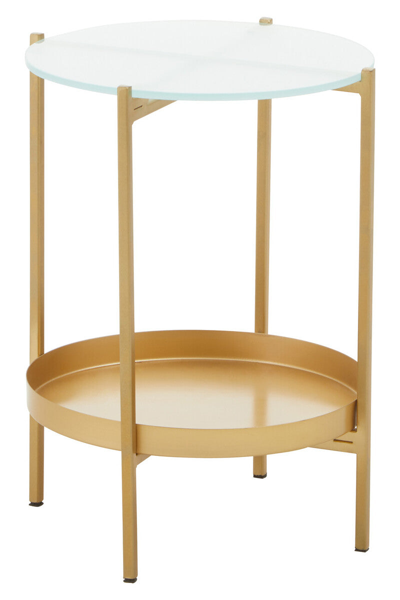 Gold Iron Two-Tier Side Table With Glass Top & Lower Shelf, Pali