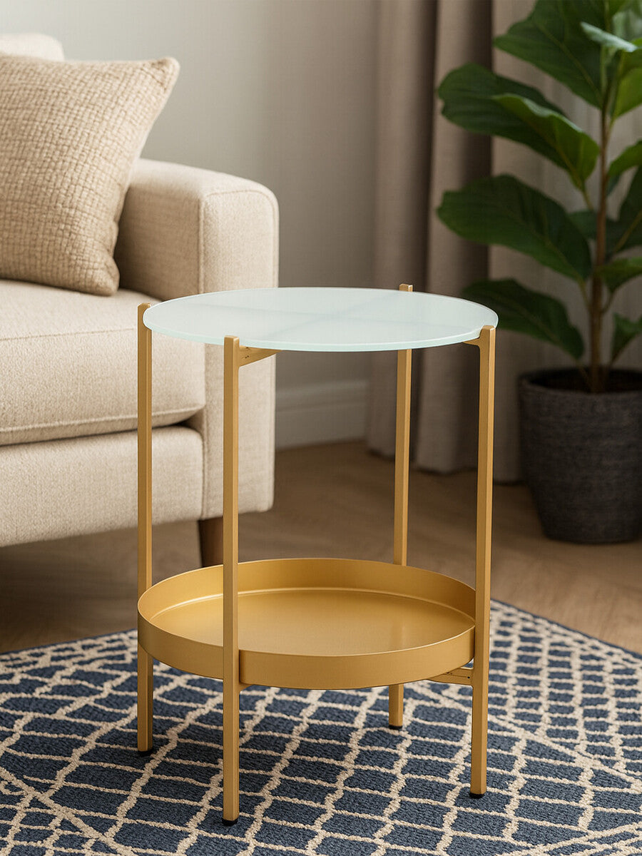 Gold Iron Two-Tier Side Table With Glass Top & Lower Shelf, Pali
